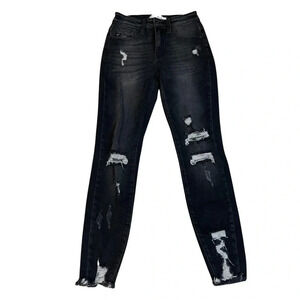 KanCan Kan Can Black Distressed Mid Rise Skinny Jeans with raw hem. Size 3/25
